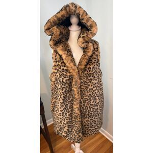 Carmen Marc Valvo “Carmen” Leopard‎ Faux Fur Hooded Vest Women’s L